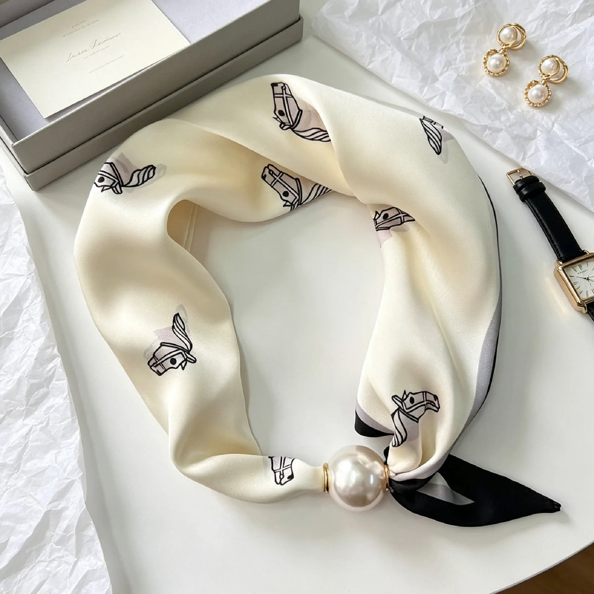 Luxury Knight Pearl Magnetic Scarf Women Summer Versatile Breathable Neckerchief Fashion Artistic Accessory Neck Wrap Scarves