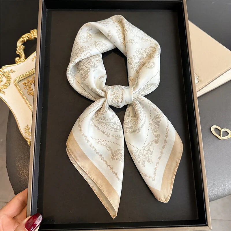 Vintage Beige Paisley Print Square Scarf Satin Silk Bandana for Women Summer Daily Commute Sun Protection Neck Hair Accessory