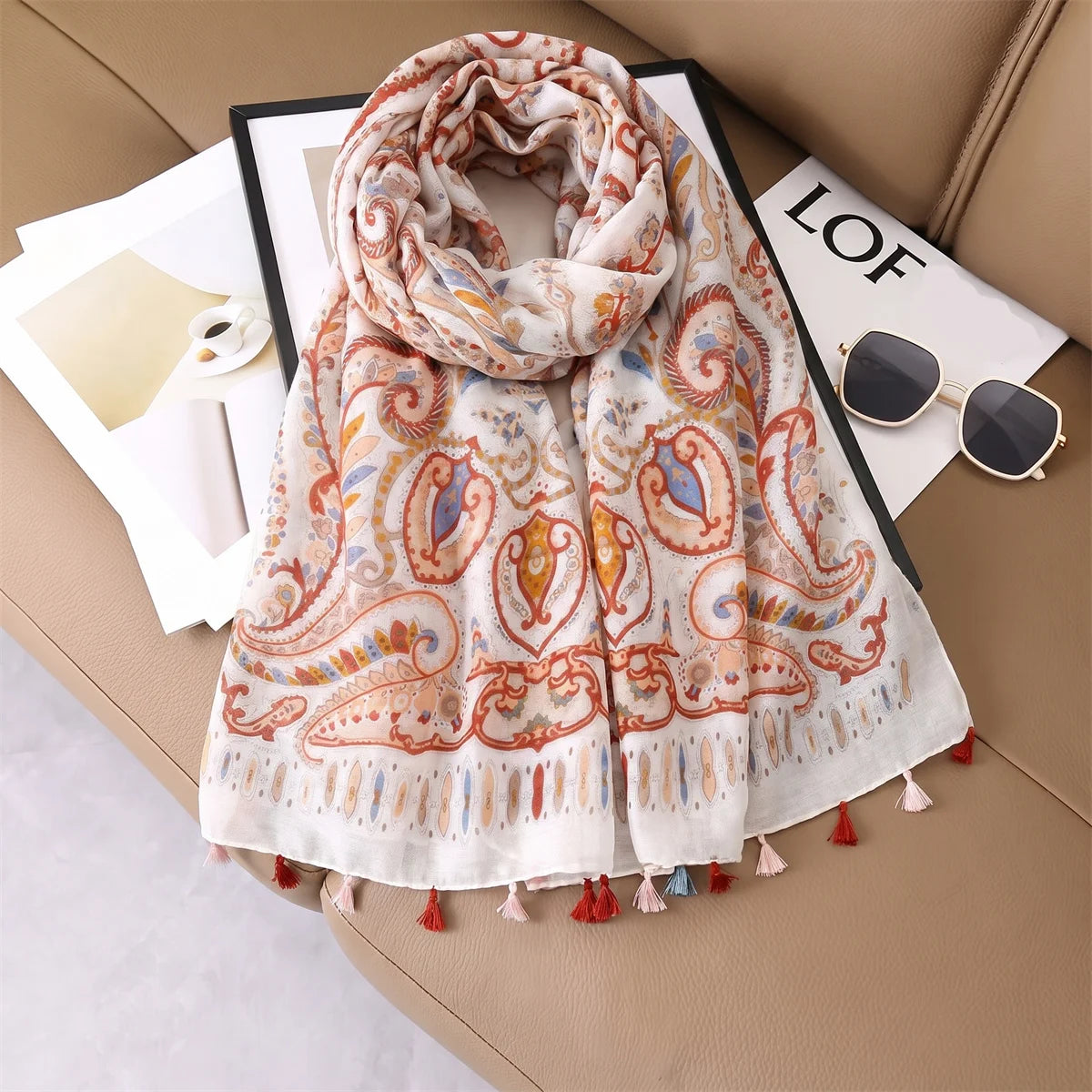 Vintage Paisley Print Tassel Hijab Scarf Women Soft Cotton Linen Shawl Wrap Lightweight Muslim Headscarf Autumn Summer Accessory