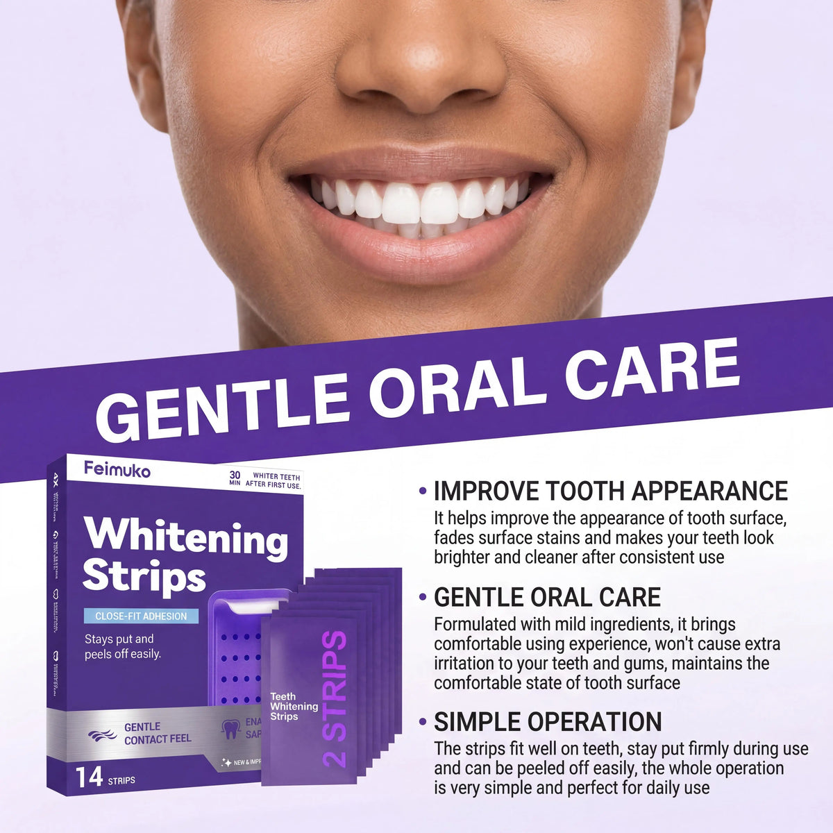 Purple Teeth Whitening Strips for Sensitive Teeth Remove Coffee Wine Smoking Stains Non Slip Improve Dental Yellowing Bright Smile Teeth Bleaching Strip