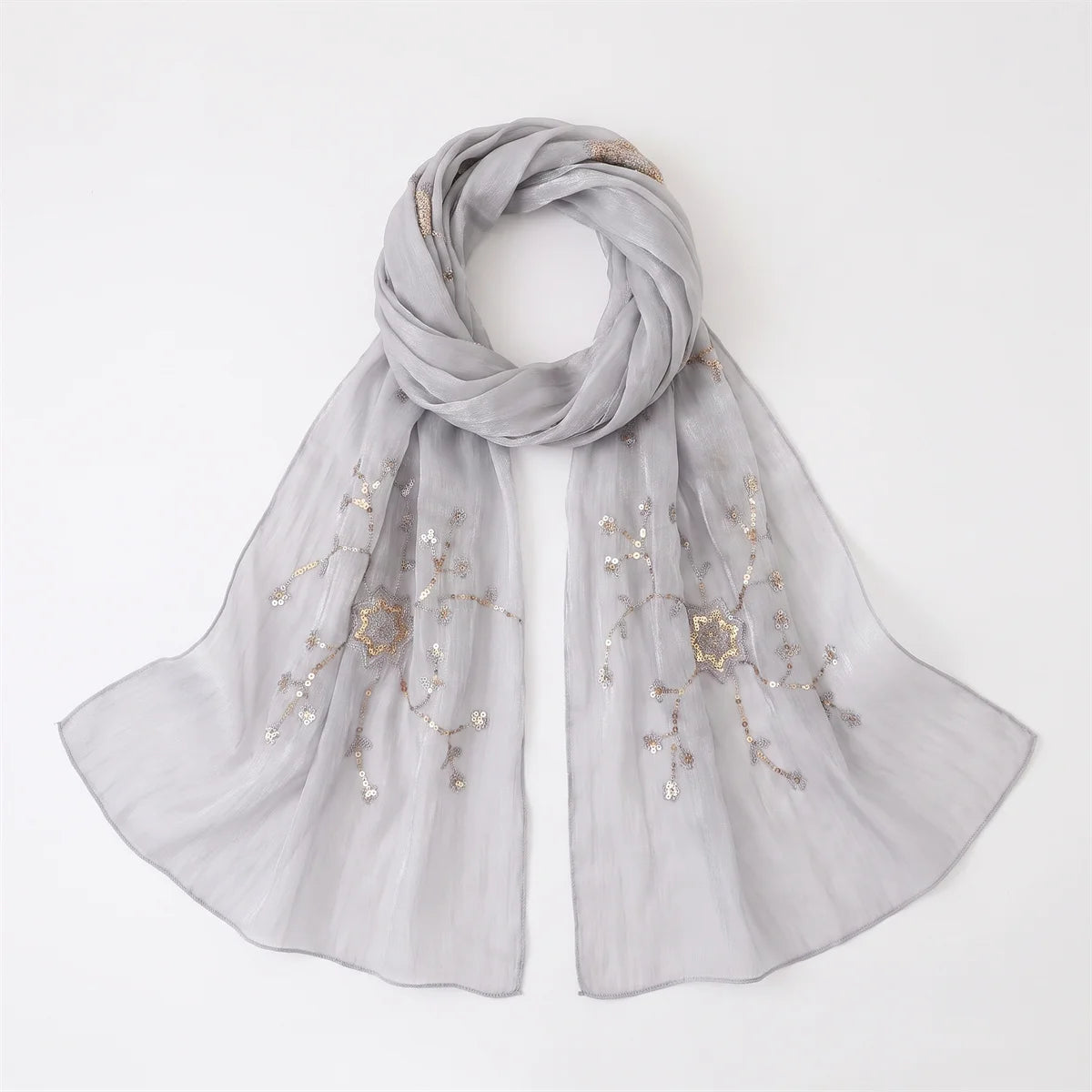 Fashion Crinkle Hijab Scarf With Floral Sequin Embroidery Lightweight Headscarf Shawl For Women Wedding Evening Cocktail Party