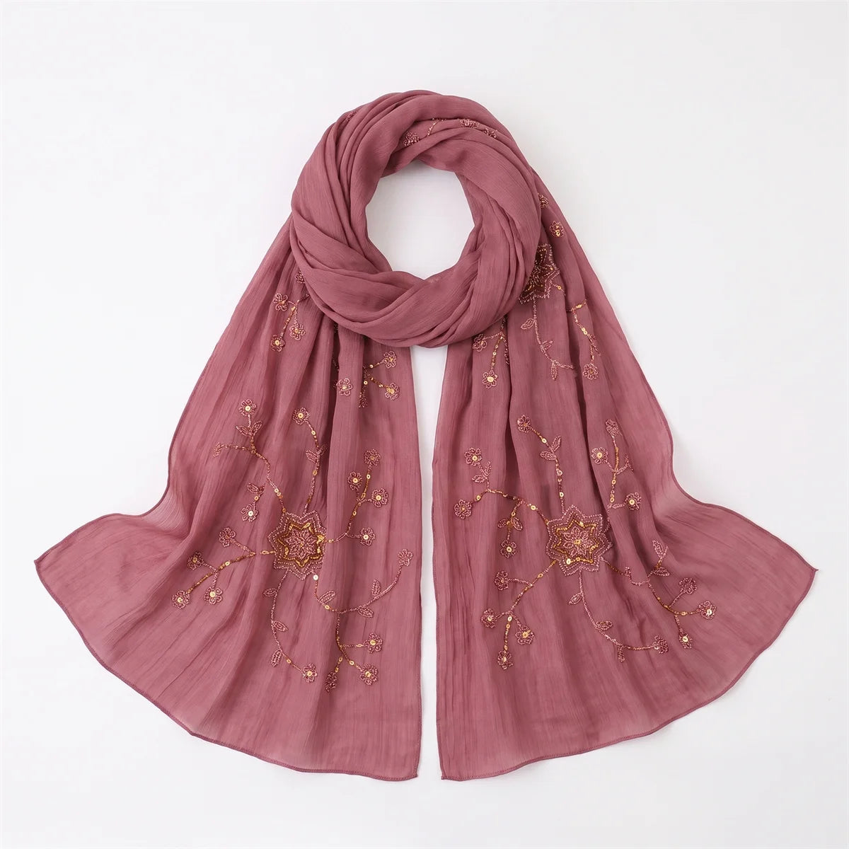 Fashion Crinkle Hijab Scarf With Floral Sequin Embroidery Lightweight Headscarf Shawl For Women Wedding Evening Cocktail Party