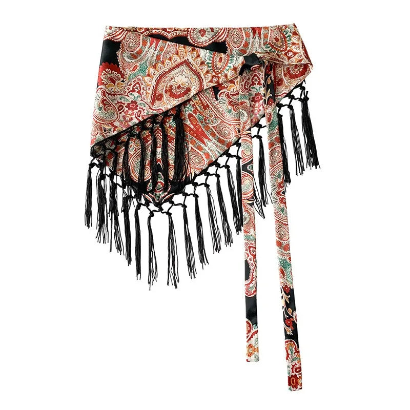 Tassel Tie Waist Seal Printed Triangle Scarf Women Spring Summer Fashion Skirt Panel Bohemian Layering Waistband Accessory