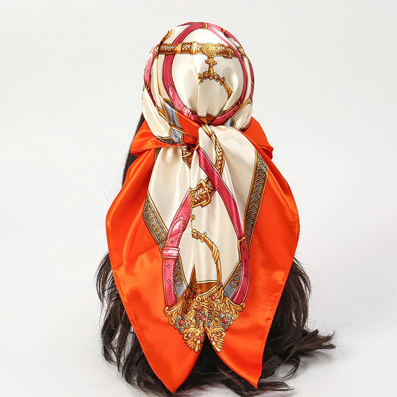 Satin Square Scarf Women Muslim Hijab Elegant 2025 Print Silk Neckerchief Shawl Wraps Headband Handle Hair Accessories Bandana