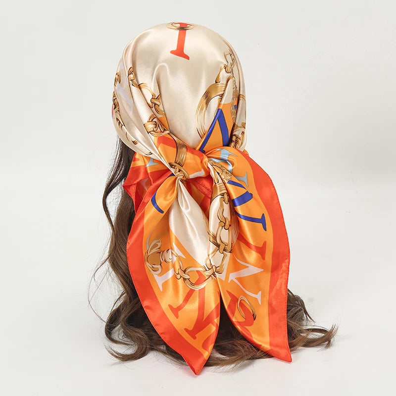 Satin Square Scarf Women Muslim Hijab Elegant 2025 Print Silk Neckerchief Shawl Wraps Headband Handle Hair Accessories Bandana