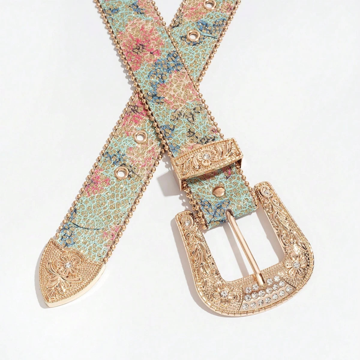 1pc Women's Light Luxury Elegant Carved Metal Buckle Multi-color Flower Glitter Print Beaded Belt Jeans Belt