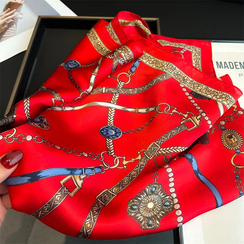 1PCS Red Luxury Chain Print Small Square Scarf Simulated Silk Thin Neck Scarf Fashion Sunscreen Headscarf Women 70x70cm