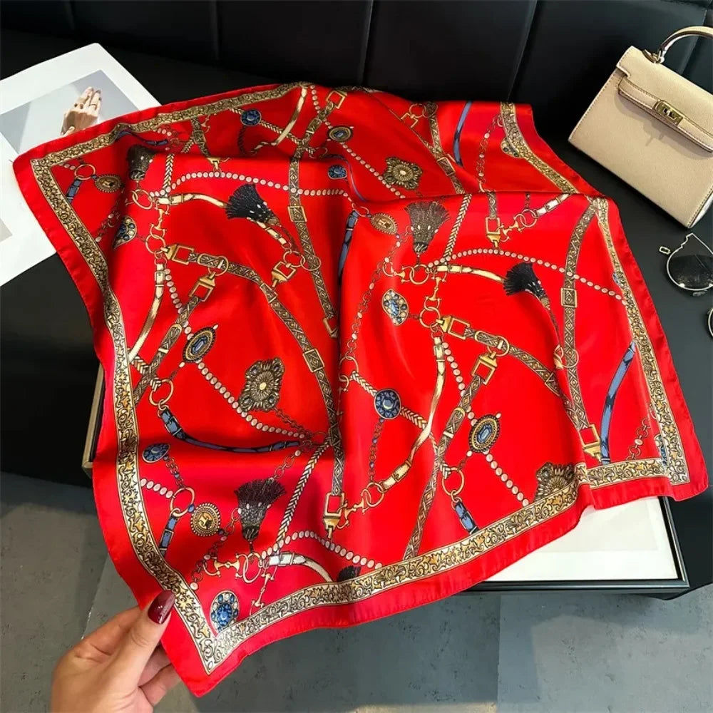 1PCS Red Luxury Chain Print Small Square Scarf Simulated Silk Thin Neck Scarf Fashion Sunscreen Headscarf Women 70x70cm