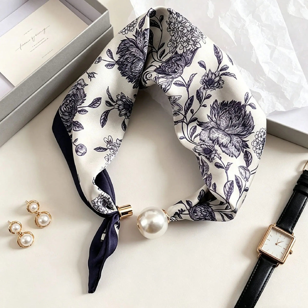 Luxury Knight Pearl Magnetic Scarf Women Summer Versatile Breathable Neckerchief Fashion Artistic Accessory Neck Wrap Scarves