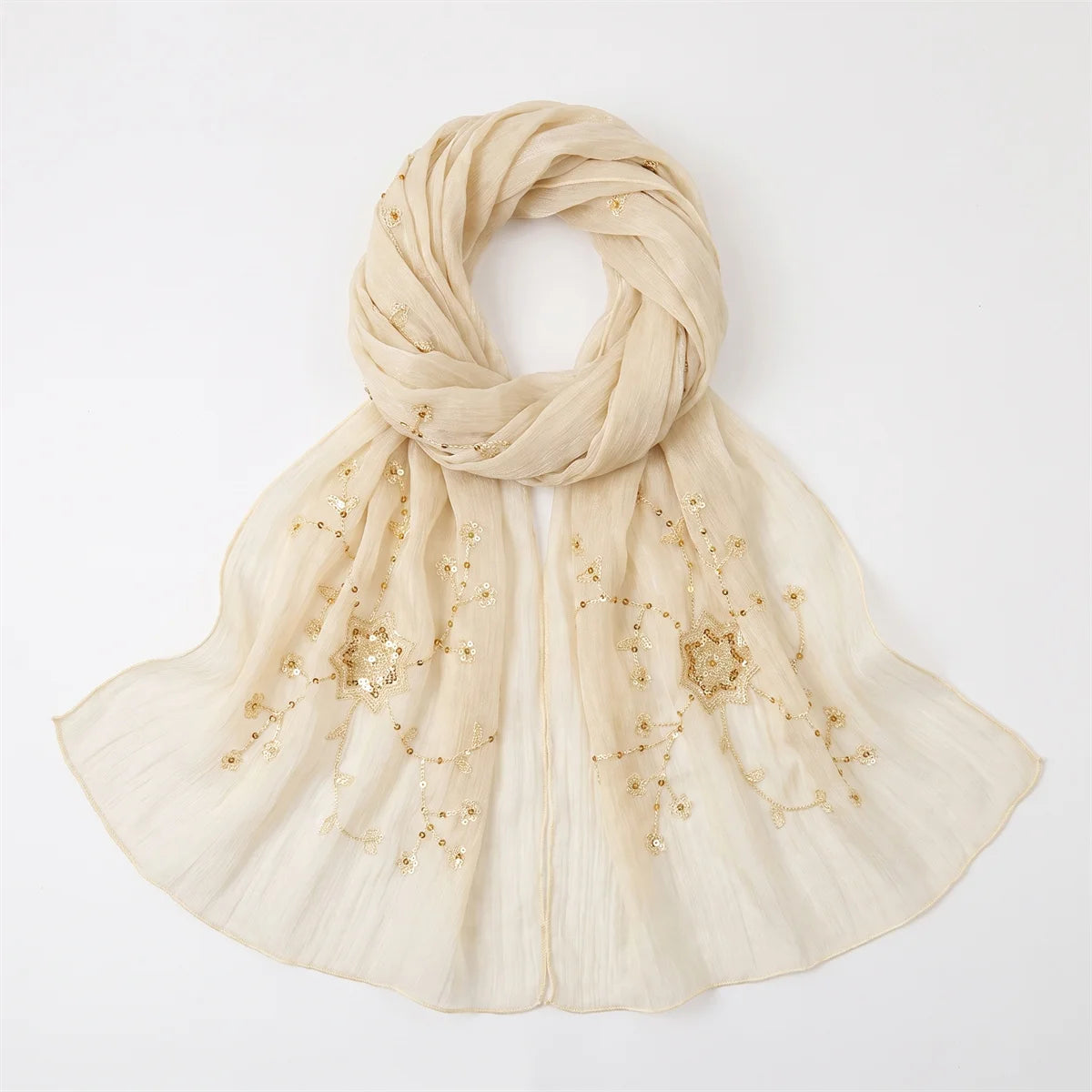 Fashion Crinkle Hijab Scarf With Floral Sequin Embroidery Lightweight Headscarf Shawl For Women Wedding Evening Cocktail Party