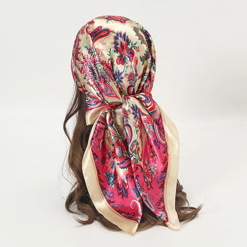 Satin Square Scarf Women Muslim Hijab Elegant 2025 Print Silk Neckerchief Shawl Wraps Headband Handle Hair Accessories Bandana