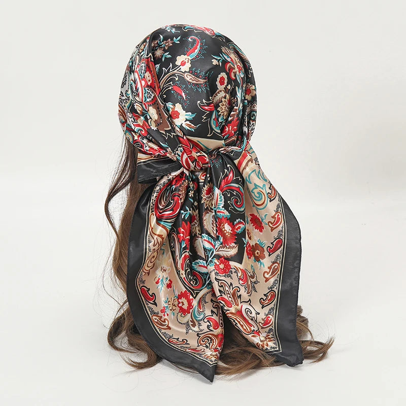 Satin Square Scarf Women Muslim Hijab Elegant 2025 Print Silk Neckerchief Shawl Wraps Headband Handle Hair Accessories Bandana